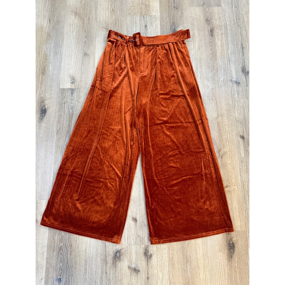 Cider Boho Festival Whimsygoth Velvet Wide Leg Pants 1X Orange Belted High Rise